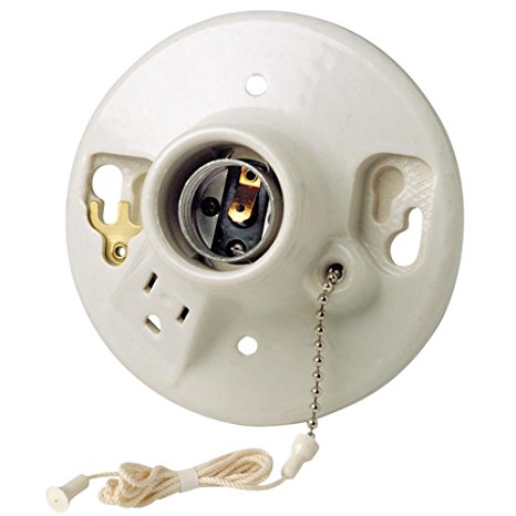 Leviton 9726-C2 One-Piece Glazed Porcelain Outlet Box Mount Incandescent Lampholder, Pull Chain, Top Wired, White