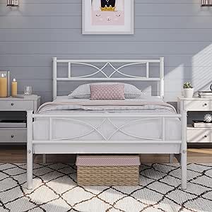 Yaheetech Metal Twin Size Bed Frame, Platform Bed Frame, Mattress Foundation with Curved Design Headboard & Footboard, NO Box Spring Needed, Heavy-Duty Support, Easy Assembly, Twin, White