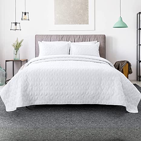 Lucian White Quilt Set Full/Queen Size, Geometric Pattern Stitched Bedspread, Lightweight Breathable Summer Comforter Coverlet Sets for All Season, 1 Quilt (90"x98") and 2 Pillow Shams