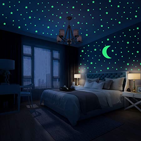 Hiveseen Glow in The Dark Wall Stickers, 402 PCS Luminous Stars and Moon Sticker for Children's Bedroom, Light up Your Ceiling and Living Room Decoration