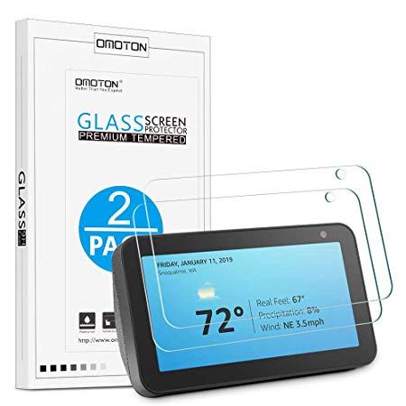 OMOTON [2 Pack Screen Protector for Echo Show 5, Tempered Glass with [High Sensitivity] [Crystal Clear] [9H Hardness] [Scratch Resistance] for Echo Show 5