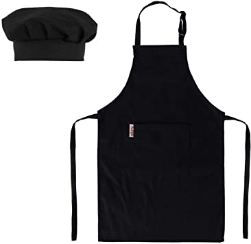Kids Apron and Chef Hat Set-Adjustable Child Apron for Boys and Girls Aged 6-14,Children’s Kitchen Bib Aprons with Large Pocket for Cooking Baking Painting(Black)