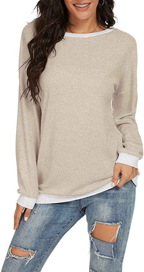 JINKESI Women's Casual Long Sleeve Color Block Round Neck Loose Fit Blouses T Shirts Sweatshirts Pullover Tops Shirts