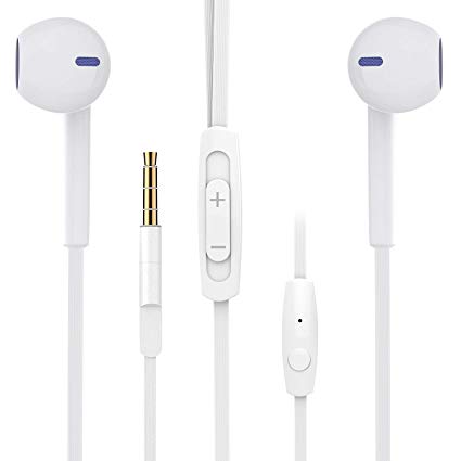 Earbuds, BYZ Wired Earphones in-Ear Headphones with Microphone Tangle Free Flat Cable for Running Workout Jogging White