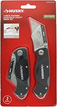 Husky Folding Sure-Grip Lock Back Utility Knives Multi Pack (2 x Husky Knife, 2 x Disposable / Reversible Blades)