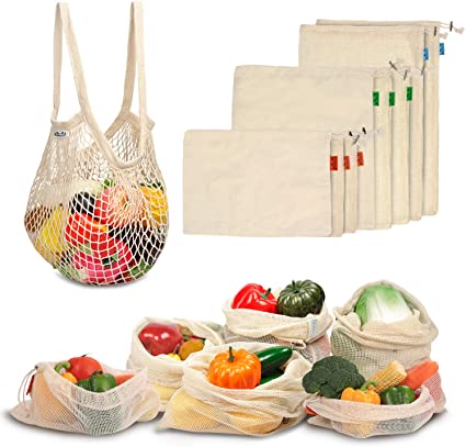 Viedouce Reusable Produce Bags Organic Cotton Mesh Bags Muslin Bags for Shopping, Tare Weight on Label, Set of 9