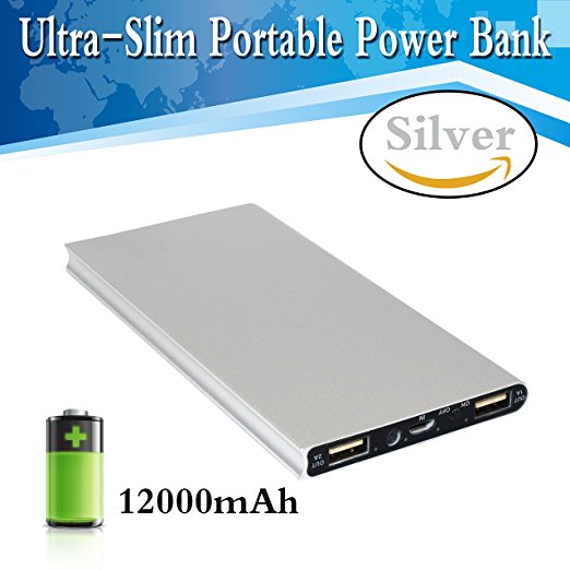 ToHLo Power Bank,External Battery Pack,12000mAh Ultra Slim Dual USB Portable External Power Bank Charger for iPhone 6 7 Plus 6s 5s,iPad,Galaxy S7 S6 S5 Note,and more Phones Tablets(Sliver)