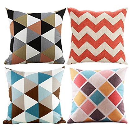 Modern Simple Geometric Style Covers - Wonder4 Colorful Stripe Vintage Style Cotton Linen Square Throw Pillow Case Decorative Cushion Cover Pillowcase for Sofa,Bed,Chair,Auto Seat 18 x 18" Set of 4