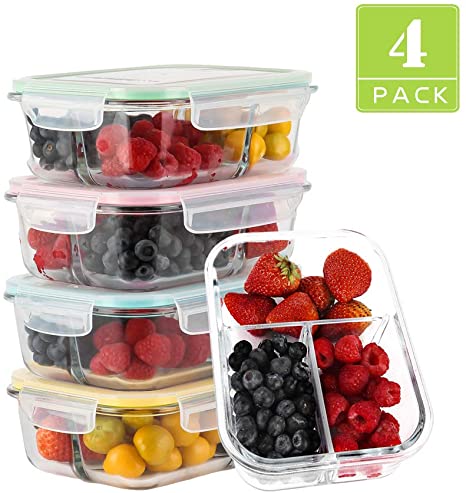 【4Pack, 34OZ】- Glass Meal Prep Containers 3 Compartment, Glass Food Container with Lids, Bento Box, Airtight Glass Lunch Containers, Microwave, Oven, Freezer, Dishwasher Safe (4 lids & 4 Containers)