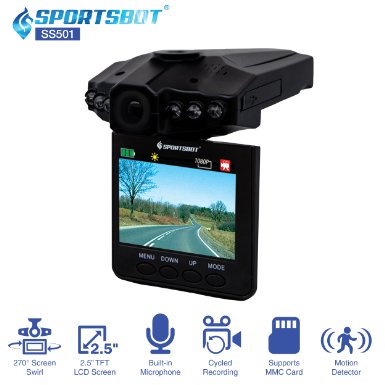 SportsBot SS501 120 Degree Wide Angle Car Dash Cam Camera Video DVR Recorder Black Box Camcorder w/ 2.5" LCD, Motion Detector, Built-in Mic, 6 InfraRed Night Vision, Multi-Language, Loop Recording