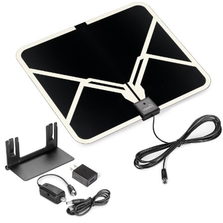 ViewTV Flat HD Digital Indoor Amplified TV Antenna - 65 Miles Range - Detachable Amplifier Signal Booster - Antenna Stand - 12ft Coax Cable - Black
