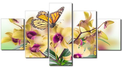 DZL Art H01539 Canvas Print for Home DecorationFramedStretched - 40quotW x 20quotH by 5 panels Butterfly Orchid Painting Wall Art Picture