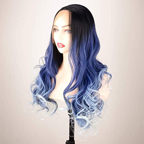 DIGUAN Long Lace Front Body Wave Sexy Curly Three Tone Ombre Color Heat Resistant Synthetic Glueless Wigs for Women 24 inch High Density 150% (Dark Blue)