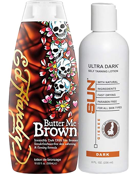 ED HARDY Butter Me Brown DHA FREE Streak & Stain Free Bronzers 10oz | Sun Laboratories Ultra Dark Self Tanner 8 oz | Self Tanner - Natural Sunless Tanning Lotion, Body and Face for Bronzing and Golden