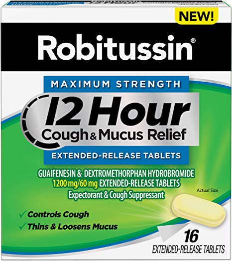 Robitussin Tablet 12 Hour Cough & Mucus Relief Extended-Release, Controls Cough, Thins & Loosens Mucus, Alcohol Free, 1 Capsule Every 12 Hours, 16Count, 16 Tablets