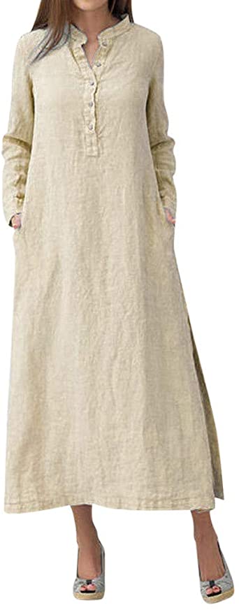 Plain Maxi Long Dress Women's Kaftan Cotton Long Sleeve Casaul Oversized Dress