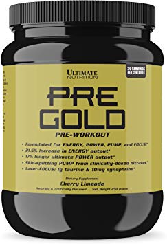 Ultimate Nutrition PRE Gold Preworkout Powder with Beta Alanine, Taurine, Citrulline, Vitamin C and Vitamin B6 - Pre Workout Energy Drink Supplement, 30 Servings, Cherry Limeade