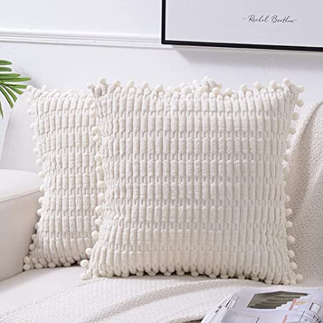 Fancy Homi 2 Packs Cream Boho Decorative Throw Pillow Covers 18x18 Inch with Pom-poms for Couch Bed Living Room, Modern Farmhouse Home Decor, Soft Corduroy Cute Square Cushion Case 45x45 cm