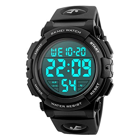 CakCity Mens Digital Sports Watch Outdoors Waterproof LED Screen Wrist Watches Black Large Dial Military Army Watch with Alarm