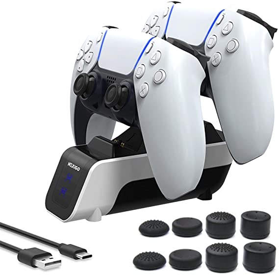 NexiGo Newest PS5 Controller Charger, Fast Dual Charging Station for PS5 Controller with 8 Analog Sticks Covers, Safe and Fast Charging for Sony PS5 Controller, White