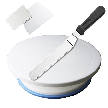 Cake Turntable 11" Round Revolving Cake Decorating Stand with Angled Offset Icing Spatula & Icing Smoother/Comb By Dadoudou