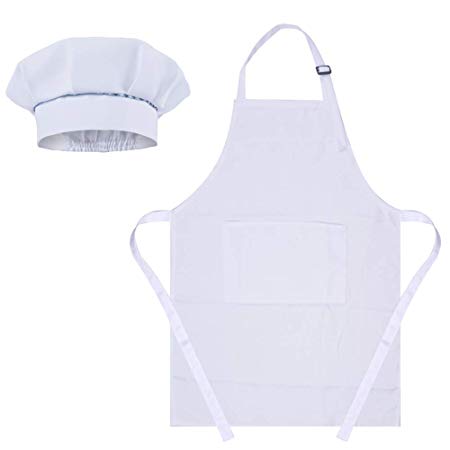 SUNLAND Kids Apron and Hat Set Children Chef Apron for Cooking Baking Painting White