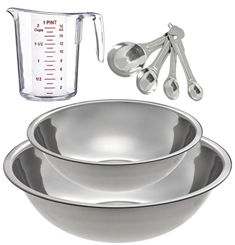 Kitchen Mission Stainless Steel Mixing Bowl Set, includes 2 Mixing Bowls, 1 Measuring Cup and Measuring Spoon Set