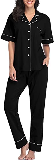 SHEKINI Women's Cotton Short Sleeve Pajamas Set Button Down Nightwear Sleepwear