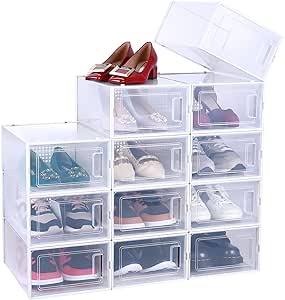 Shoe Box, Ohuhu 12 Pack Shoe Storage Containers, High Quanlity Stackable Foldable Shoe Rack, Drawer Type Front Opening, Clear Plastic for Closets and Entryway Fit up to US Size 9.5, White