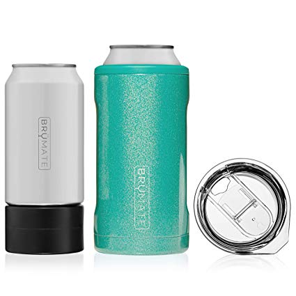 BrüMate HOPSULATOR TRíO 3-in-1 Stainless Steel Insulated Can Cooler, Works With 12 Oz, 16 Oz Cans And As A Pint Glass (Glitter Peacock)