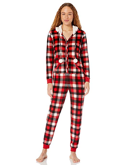 Amazon Brand - Mae Women's Mircrofleece Hooded Onesie Pajama, Checkered Plaid, x-large