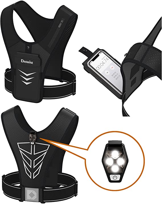 Running Vest with LED Warning Light，8" Phone Holder Vest for Training Running Cycling；Magnetic Attraction Prevent Shaking; LED Light, Key and Card Holder, Energy bar Holder. USA Designed and Warranty