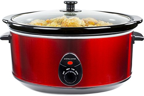 Andrew James 6.5 Litre Premium Red Slow Cooker with Tempered Glass Lid, Removable Ceramic Inner Bowl and Three Temperature Settings, Includes 2 Year Warranty