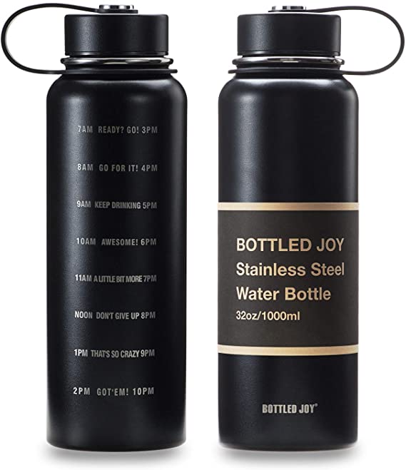 BOTTLED JOY 32oz Stainless Steel Water Bottle with Motivational Time Marked 1L Wide Mouth Travel Mug Double-wall Vacuum Insulated Water Bottle BPA-free Thermo Mug for Outdoor Activities Daily Drinking