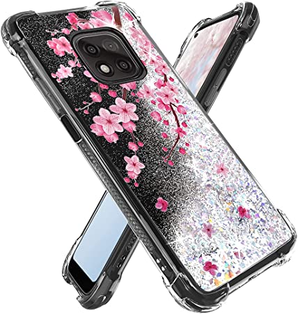 Miss Arts for Moto G Power 2021 Case,Girls Women Flowing Liquid Holographic Holo Glitter Shock Proof Case with Floral Design Bling Diamond Bumper for Motorola Moto G Power 2021 -Cherry Blossom