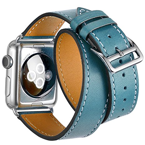 Valkit for Apple Watch Band - iWatch Bands 38mm Genuine Leather Strap iPhone Smart Watch Band Bracelet Replacement Wristband with Stainless Steel Adapter Clasp for Apple Watch 2 1, Double Tour - Blue