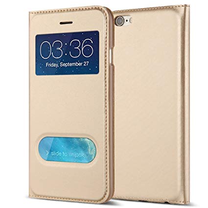 Mixneer for iPhone Mobile Phone Case Smart Touch Case Window Flip Cover Magnetic Closure Stand TPU Bumper Luxurious and Elegant Anti-Fall Cover for iPhone 7 - Gold