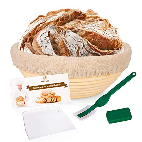 Round Bread Proofing Basket 8.5inch Banneton Proving Basket Natural Rattan Sourdough Proving Basket for Professional Home Bakers (with Cloth Liner, Dough Scraper, Bread Lame, Starter Recipe Set)