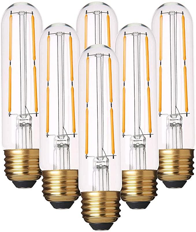 Dimmable T10 LED Bulbs Warm White 2700K LED Tubular Edison Light Bulbs 4W Tube Vintage Led Bulbs 40 Watt Equivalent,E26 Base, LED Filament Retro Bulb for Desk Lamp, Pendant Lights,6 Pack