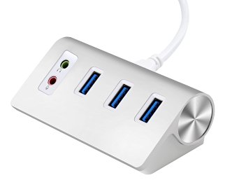 Alcey 3-Port USB 3.0 Portable Aluminum Hub with External Stereo Sound Adapter and 2-Foot USB 3.0 Cable, for iMac, MacBook, MacBook Pro, MacBook Air, Mac Mini, or any PC