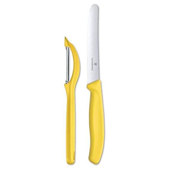 Victorinox Kitchen Knife, Set of 2, Sharp Straight Edge Knife and Stainless Steel Universal Peeler, Yellow