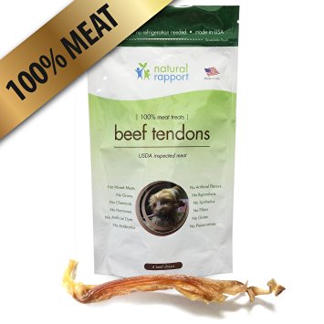Beef Tendon Dog Treats - 100% Beef - Made in USA - Longer lasting, odor-free dog chews - 4-count larger 8" tendons