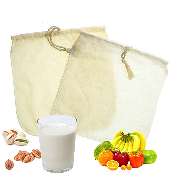 Almond Milk Bag, 2 Pack-Organic Cotton/Hemp Nut Milk Bag, Reusable Yogurt Strainer, Cheesecloth Strainer, Natural Soy Milk Maker, Organic Cotton & Hemp-12"x12"