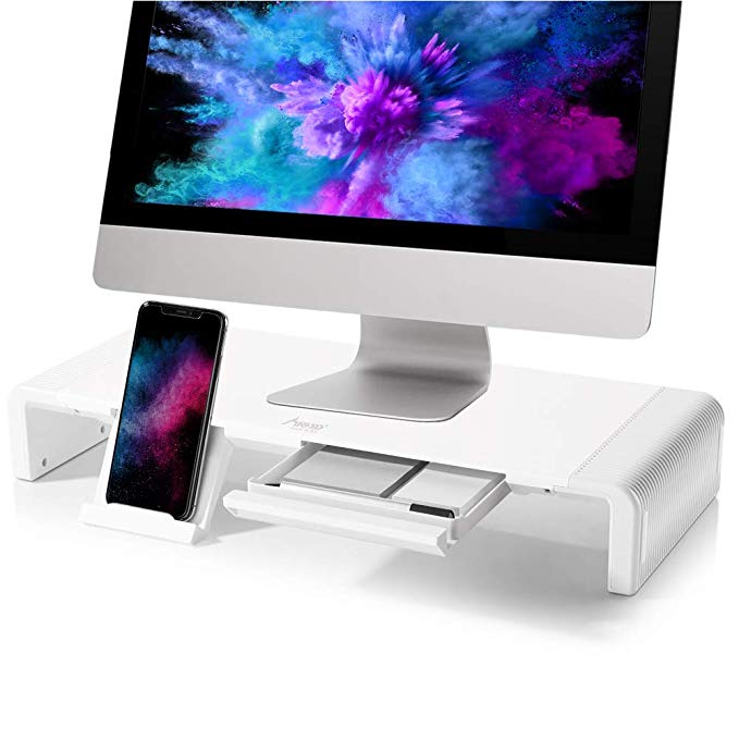 Monitor Stand, Monitor Riser MAD GIGA Foldable Monitor Stand Riser PC Stand Length-adjustable Stylish Laptop Stand with Storage Drawer Phone Stand Pen Holder Monitor Stand White for Home and Office