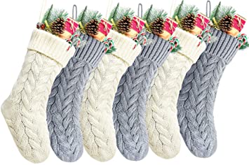 Kunyida 18" Gray and Ivory Knit Christmas Stockings,6 Pack