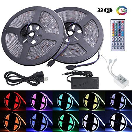 Led Strip Lights, Waterproof Flexible RGB Led Strip Light Kit, SMD 5050 300leds with 44key IR Controller and 12V 5A Power Supply for Bedroom Kitchen Home Decor Trucks Pools Parties etc. 32.8ft(10m)