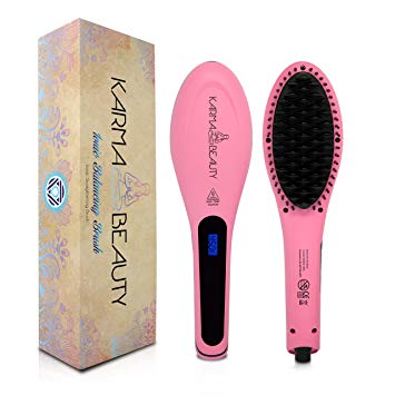 Hair Straightener Brush | Anti - Scald Feature | Ionic Ceramic Technology | Faster Heating | LCD Screen | Auto Shut Off | Karma Beauty |(Pink)