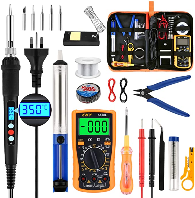 Soldering Iron Kit 22PCS, Welding Tools 60W 240V LCD Screen Digital-Controlled, Temperature Adjustable 180℃-500℃ with Digital Multimeter, Stand, 5 Tips, Coil, Wire Cutter, Screwdriver