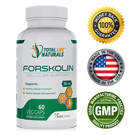Pure Forskolin Extract for Weight Loss, 25 mg Vegetarian Capsules | Natural Diet Pills; Belly Fat Buster Supplement; Appetite Suppressant; cAMP Activator | Made in the USA by Total Life Naturals