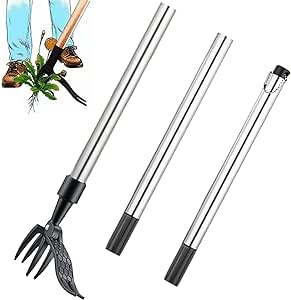 Standing Weed Puller Tool with 3-Part Detachable Handle, Weed Remover Tool, Garden Weed Root Pulling Tool and Picker, Long Handle Weed Puller Root Remover Tool with 4 Claws for Garden (Metal Handle)